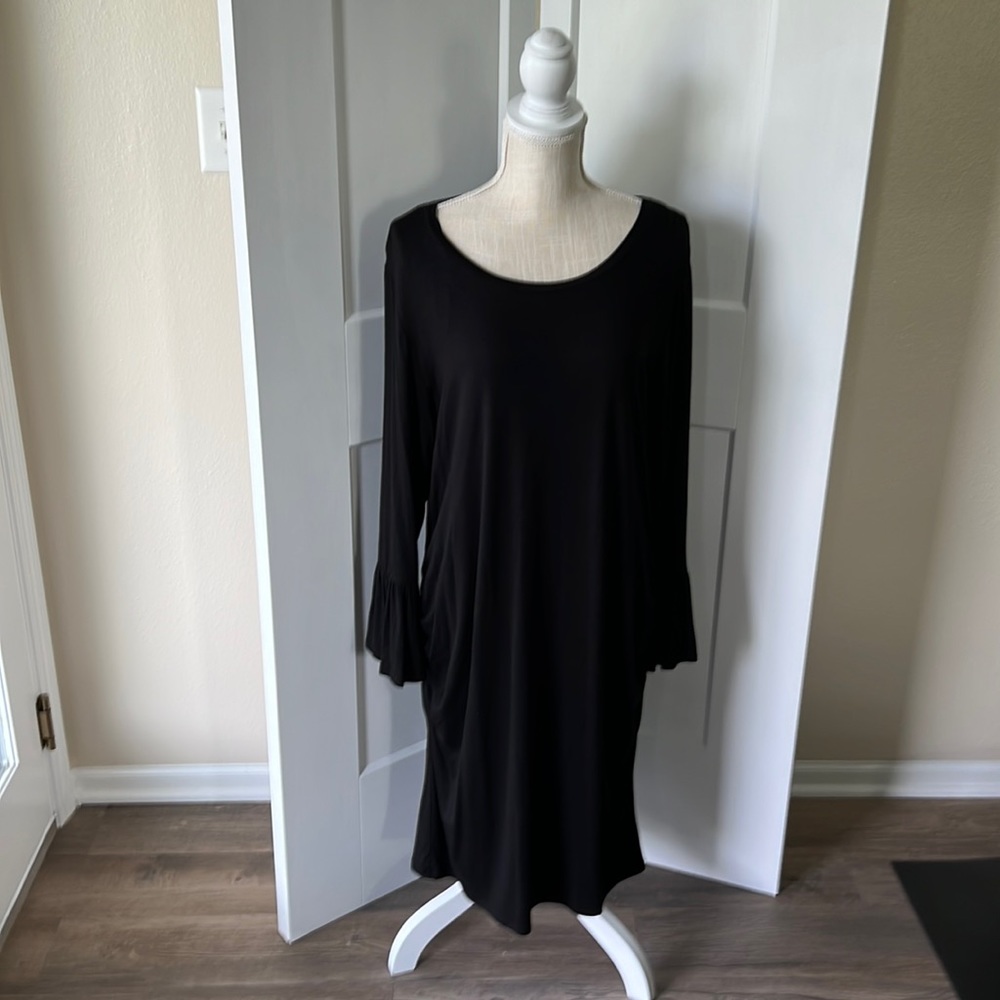 Flutter & Kick Maternity Dress with side gathers and bell sleeves.